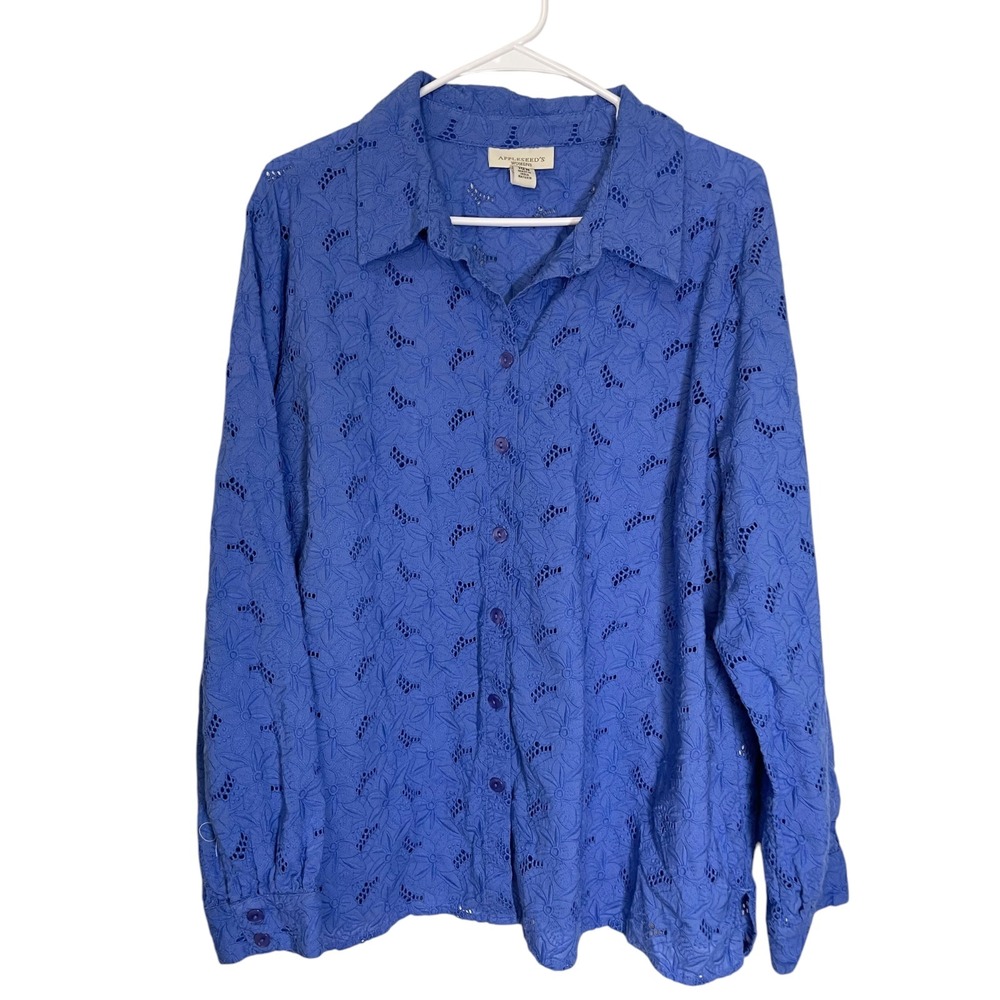 Appleseed's 18W Blue Button Up Blouse Floral Eyelet Long Sleeve Coastal Preppy - Picture 2 of 8